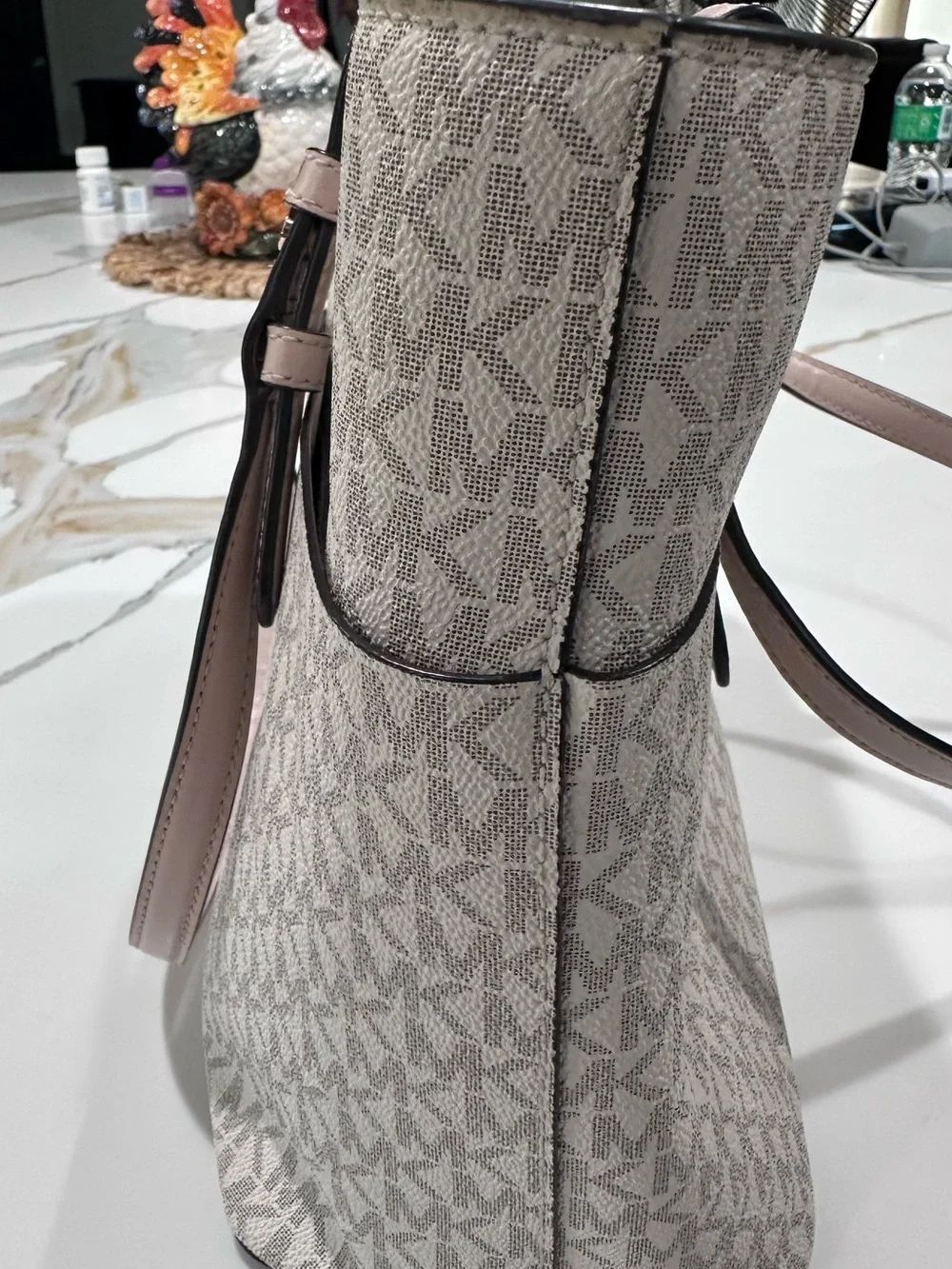 Michael Kors Light Beige Signature MK Pocket Tote with Pink Trim